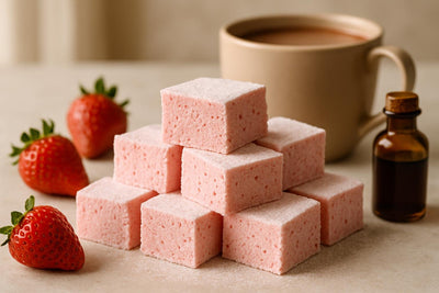 Squares of homemade strawberry marshmallows