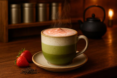 Strawberry Matcha Latte in a ceramic mug on an oak bar