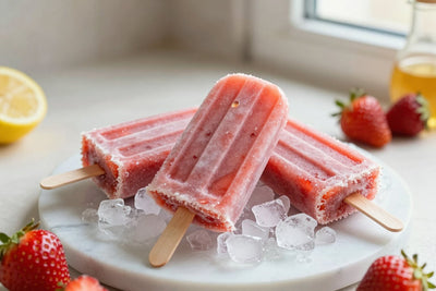 Three strawberry popsicles on a bed of crushed ice on a light marble surface, one with a bite taken out