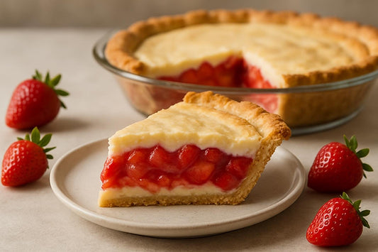 Slice of strawberry rhubarb cream pie