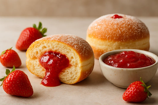 Filled doughnut cut open to show strawberry rhubarb jam filling