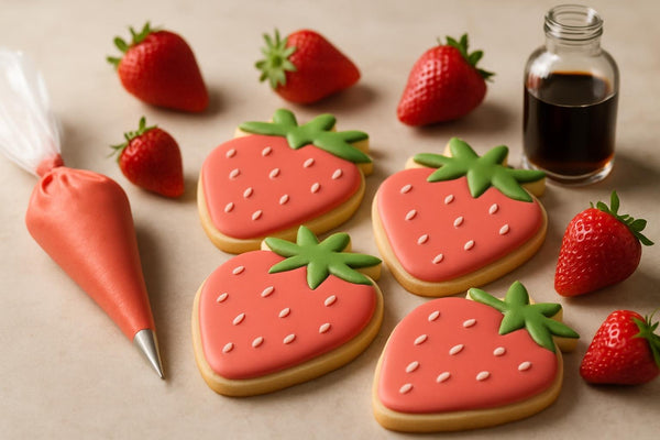 Sugar cookies decorated with strawberry royal icing
