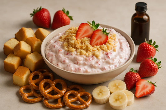 Bowl of strawberry shortcake dip with brioche, pretzels and fruit