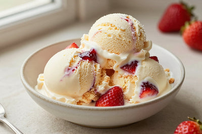 Two generous scoops of strawberry shortcake ice cream in a shallow ceramic bowl, softly melting at the edges