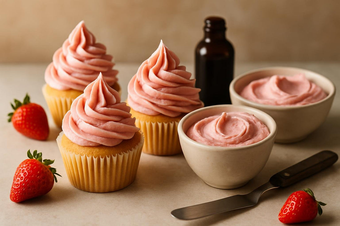 Cupcakes piped with strawberry Swiss meringue buttercream frosting
