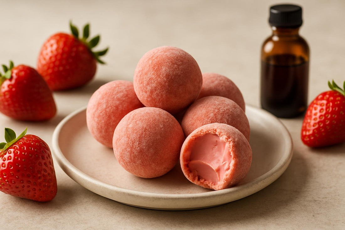 Strawberry Truffles on a plate, one bitten