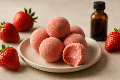 Strawberry Truffles on a plate, one bitten