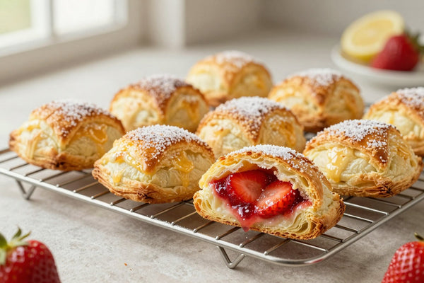 Golden strawberry turnovers on a wire rack, one cut open to show the filling