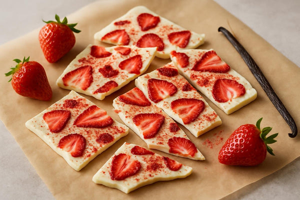 Shards of strawberry vanilla bark on parchment