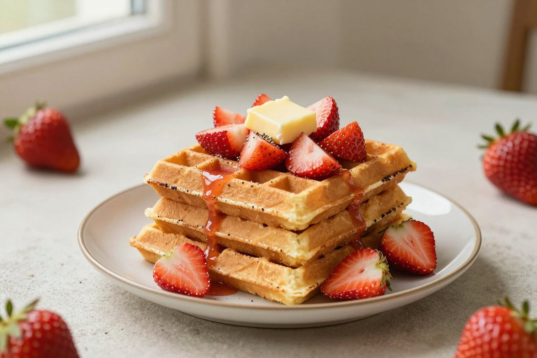 A stack of golden strawberry waffles on a plate with a pat of butter and the toppings from the recipe