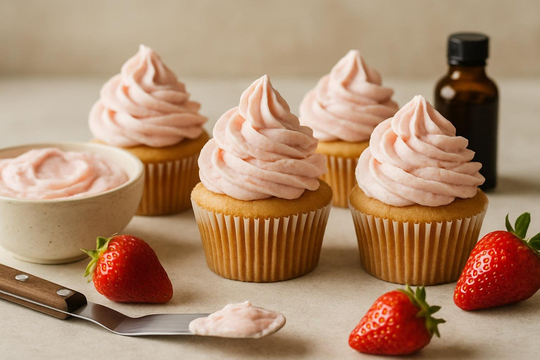 Cupcakes piped with strawberry whipped cream frosting