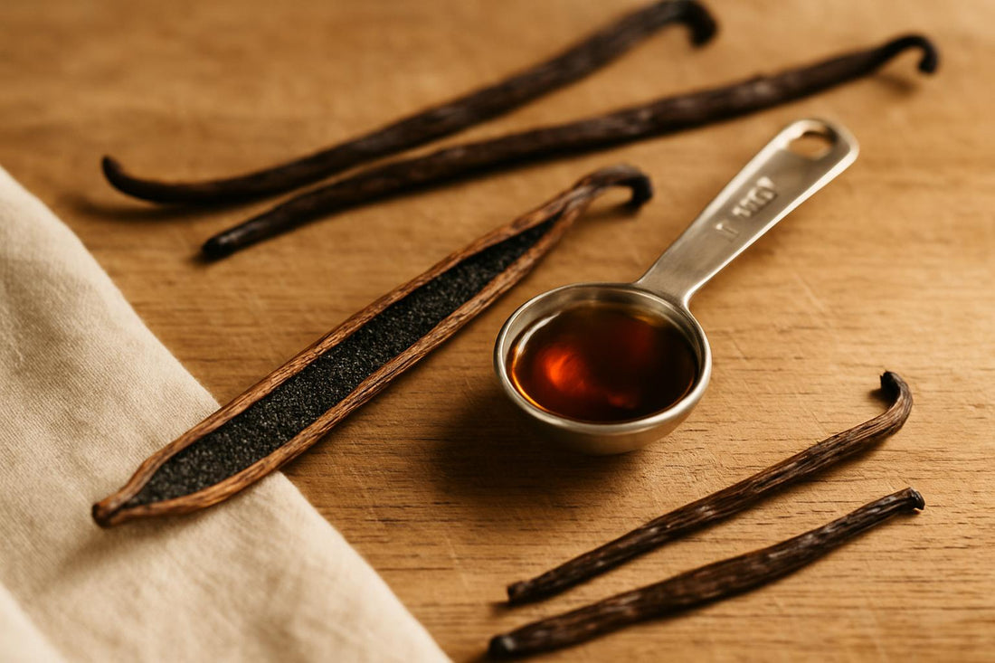 Split vanilla bean with seeds scraped out next to a small glass measuring spoon filled with vanilla extract, both on a marble