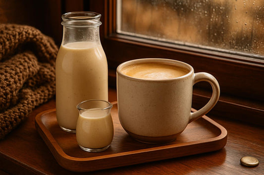 Sugar Cookie Creamer in a ceramic mug on an oak tray by a window