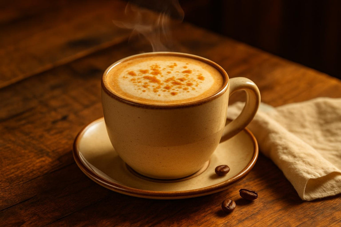 Sugar Cookie Latte in a ceramic mug on an oak table