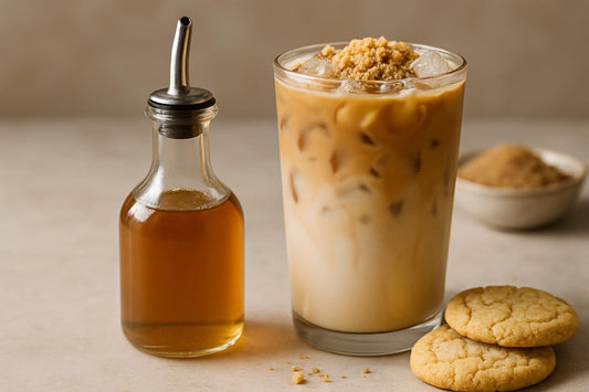 A small glass bottle of sugar cookie syrup with a pour spout, beside an iced latte sweetened with it