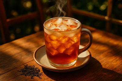 Sweet Tea in a ceramic mug on an oak patio table
