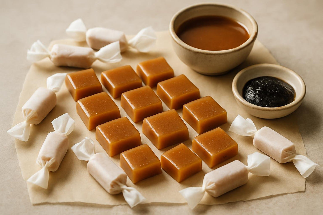 Tahitian Vanilla Bean Caramels cut and wrapped in wax paper