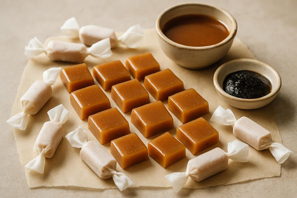 Tahitian Vanilla Bean Caramels cut and wrapped in wax paper