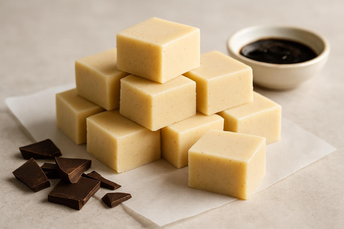 Squares of Tahitian vanilla bean fudge on parchment