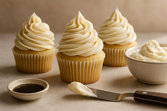 Cupcakes piped with Tahitian vanilla buttercream frosting