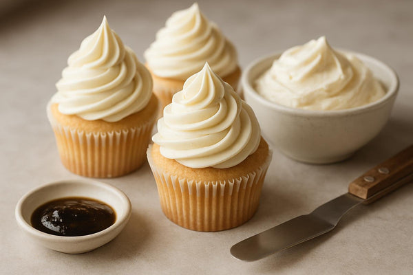 Cupcakes piped with Tahitian vanilla cream cheese frosting