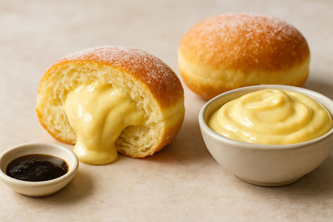 Filled doughnut cut open to show Tahitian vanilla custard