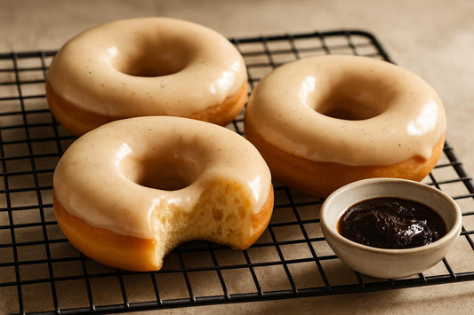 Doughnuts finished with Tahitian vanilla glaze on a cooling rack