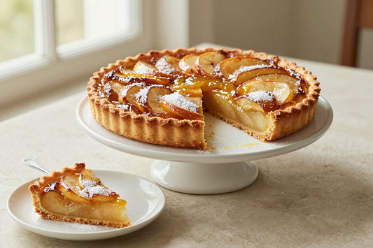 A tarte tatin on a cake stand with one slice cut out and served on a small plate