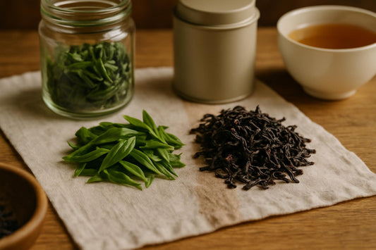 Fresh green tea leaves transitioning to oxidized black tea leaves showing the tea oxidation process