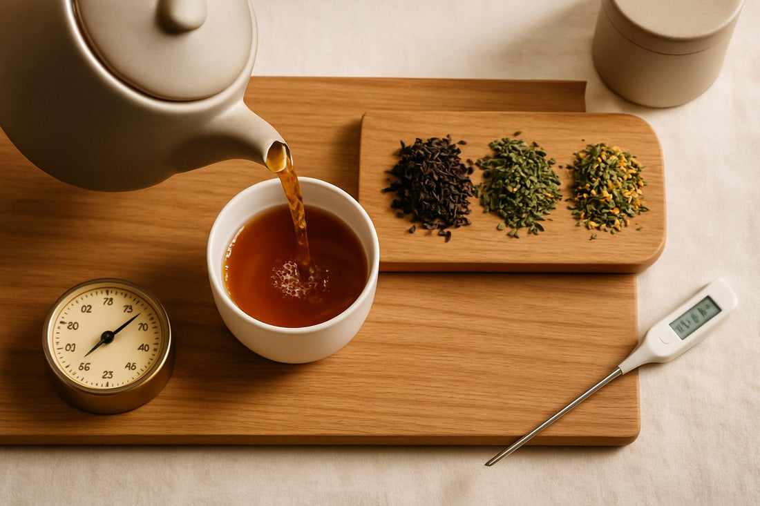 Tea steeping setup with teapot, loose-leaf teas, timer, and thermometer on wooden surface
