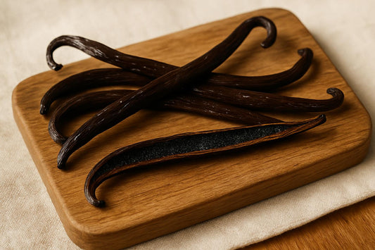 Close-up of dark brown plump vanilla beans curved gently on a wooden cutting board, showing smooth glossy surface and slight