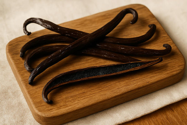 Close-up of dark brown plump vanilla beans curved gently on a wooden cutting board, showing smooth glossy surface and slight