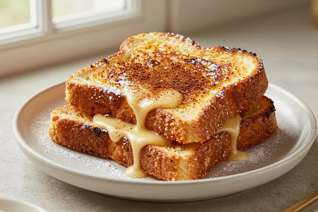 A stack of thick golden slices of texas toast french toast on a plate, dusted with powdered sugar