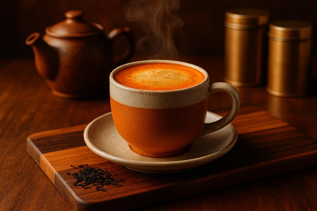 Thai Tea Latte in a ceramic mug on an oak serving board