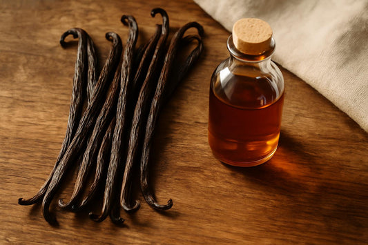 Dark brown supple cured vanilla beans laid out on a rustic wooden surface next to a glass bottle of amber vanilla extract