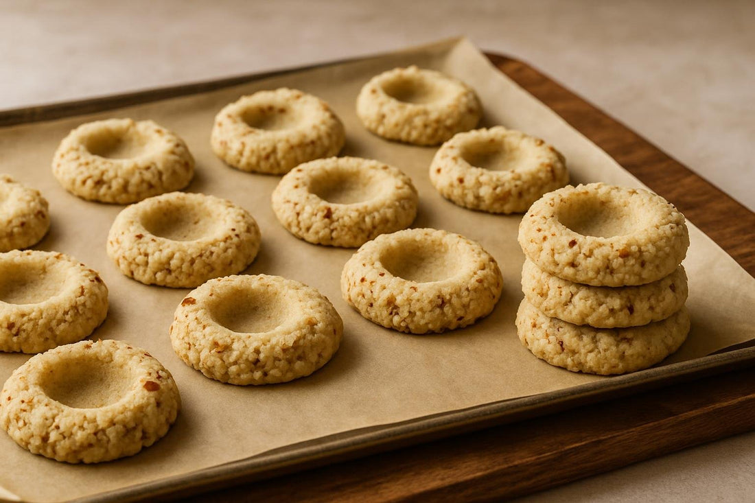 Thumbprint cookie dough cooling on parchment on a wooden table, a few stacked