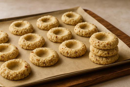 Thumbprint cookie dough cooling on parchment on a wooden table, a few stacked