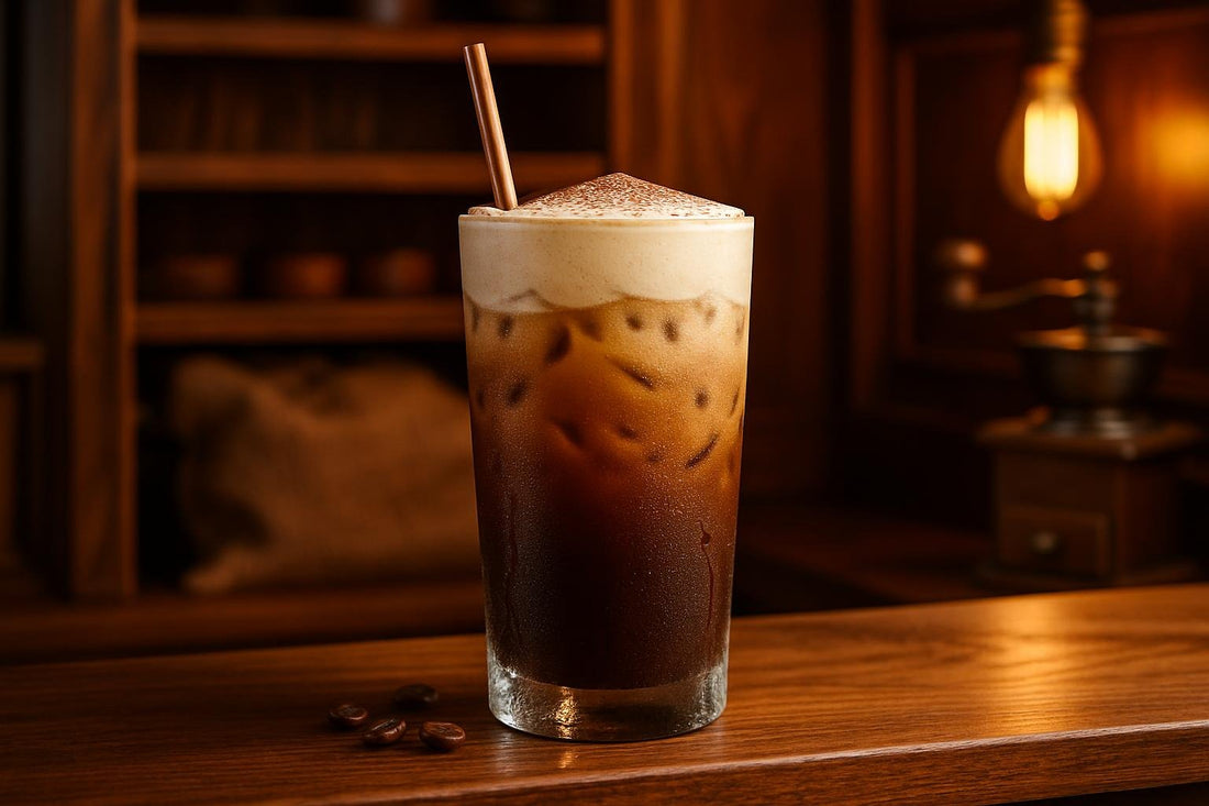 Tiramisu Cold Brew in a glass on an oak bar