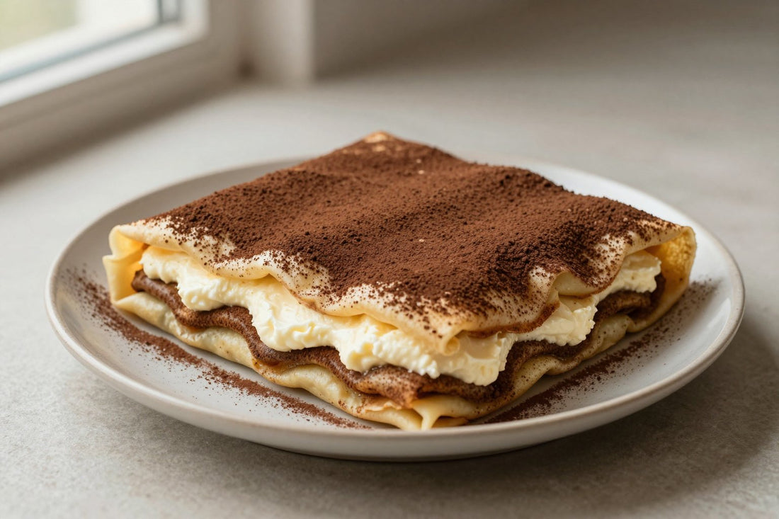 Folded tiramisu crêpes on a plate, the filling and toppings from the recipe clearly visible