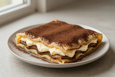 Folded tiramisu crêpes on a plate, the filling and toppings from the recipe clearly visible