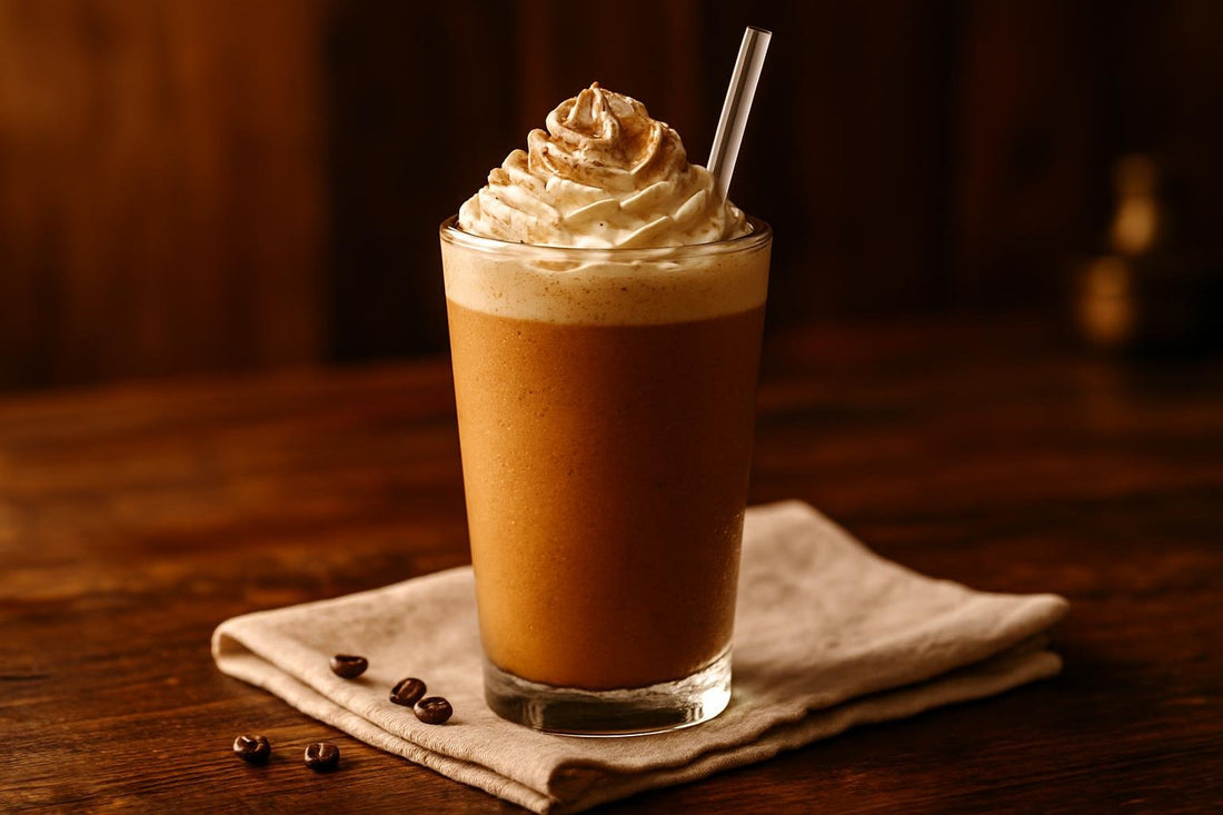 Tiramisu Frappé in a glass on an oak table