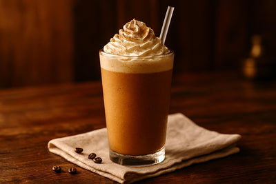 Tiramisu Frappé in a glass on an oak table