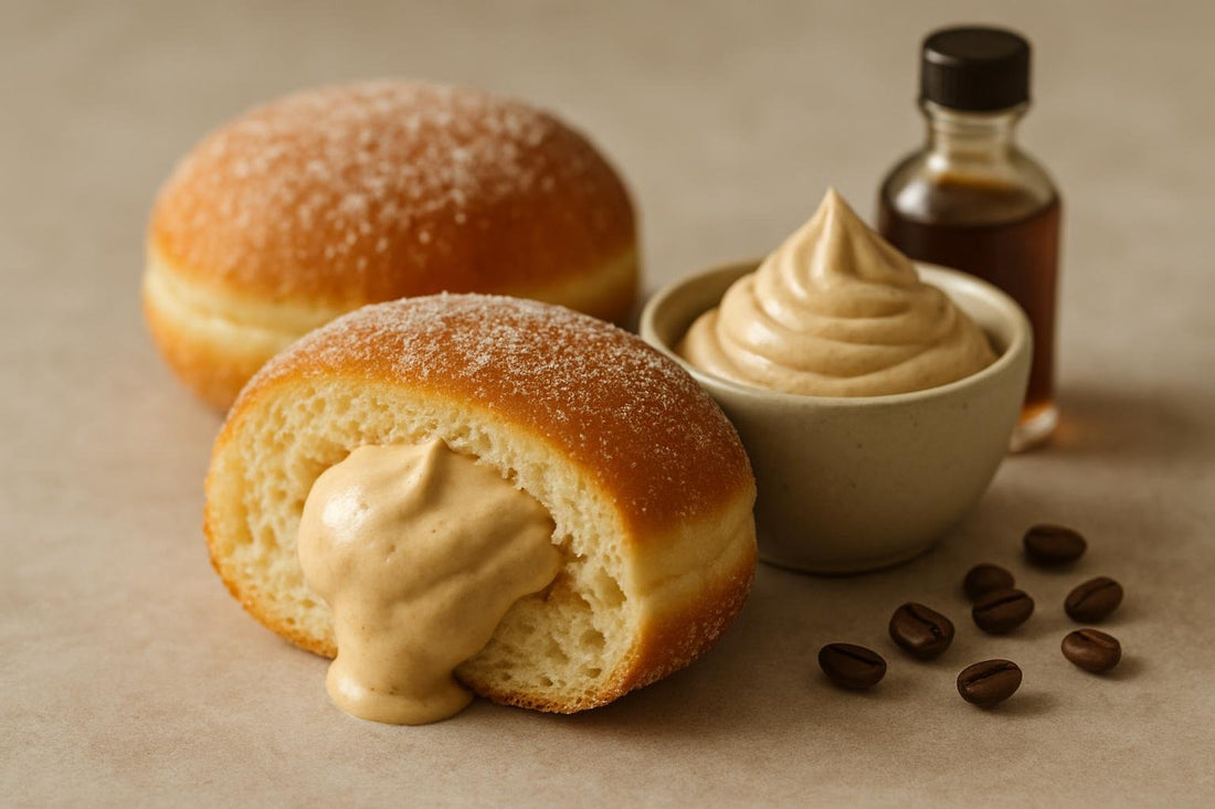 Filled doughnut cut open to show tiramisu mascarpone cream