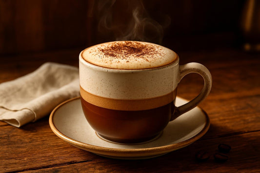 Tiramisu Mocha in a ceramic mug on an oak table