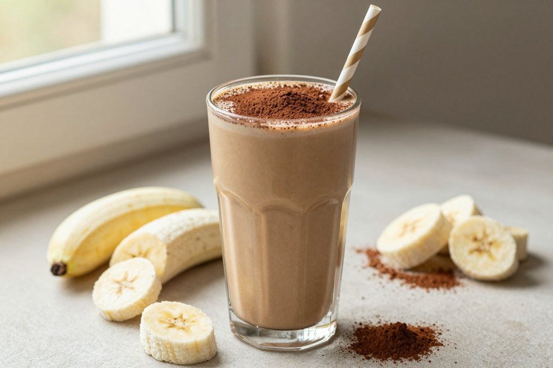 A tall glass of thick, creamy tiramisu protein shake with a straw, a few of its fresh ingredients beside it