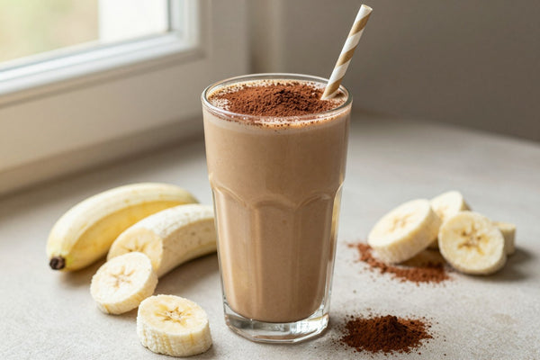 A tall glass of thick, creamy tiramisu protein shake with a straw, a few of its fresh ingredients beside it