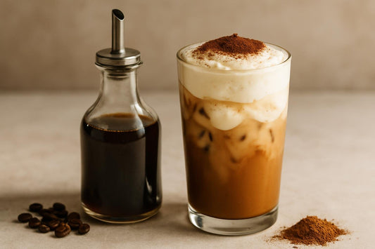 A small glass bottle of tiramisu syrup with a pour spout, beside an iced latte sweetened with it