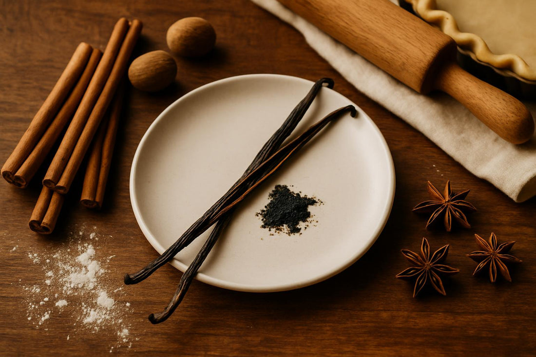 Split Madagascar vanilla bean with visible seeds scraped onto a white plate, surrounded by holiday baking ingredients