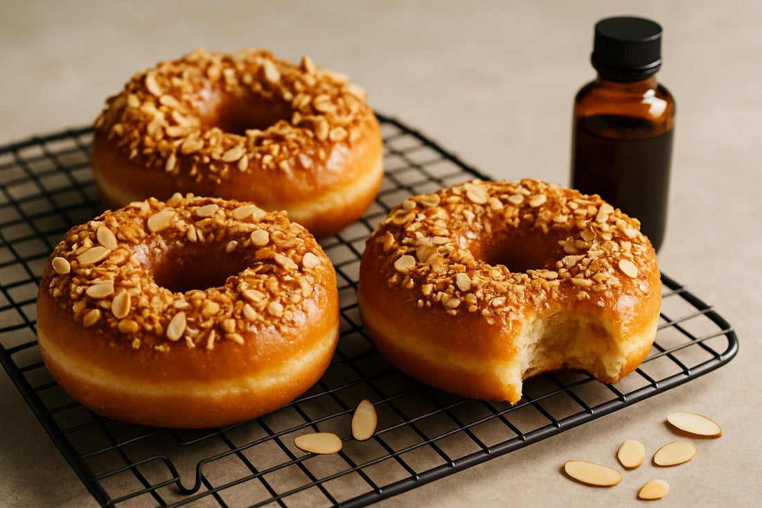 Doughnuts finished with toasted almond crunch on a cooling rack