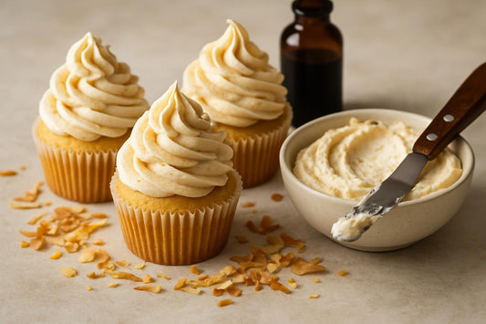 Cupcakes piped with toasted coconut buttercream frosting
